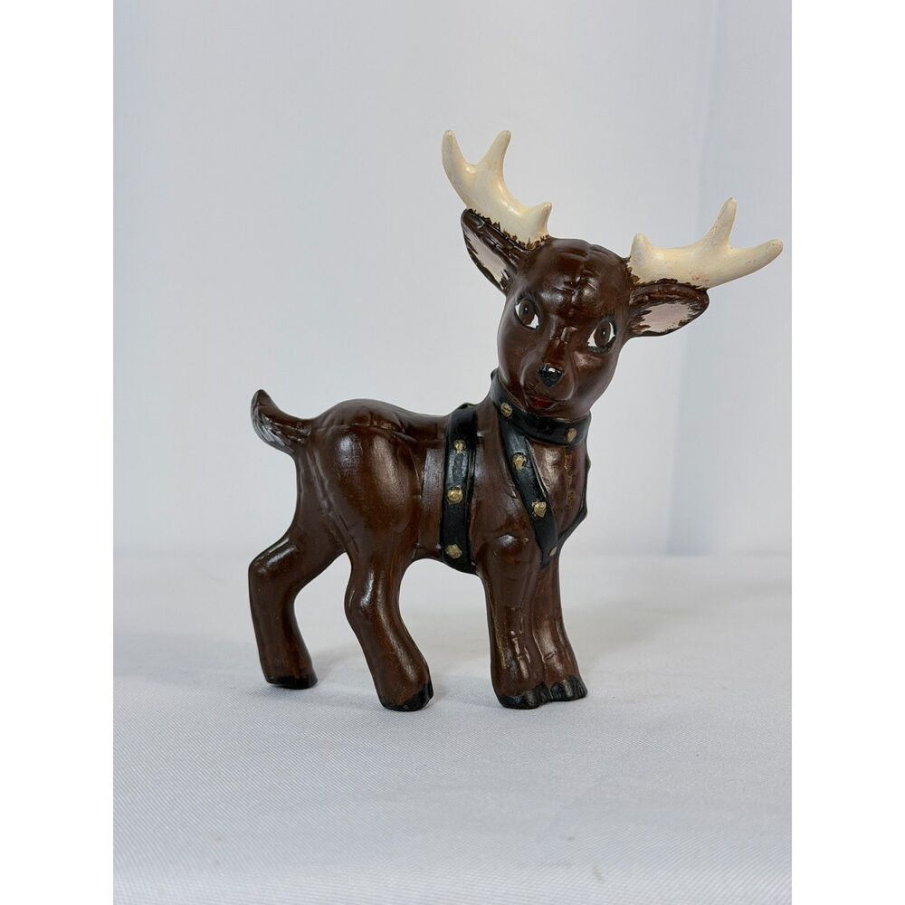 VTG Reindeer Hand Painted Ceramic Figurine Kitschy Mid Century Sleigh Christmas